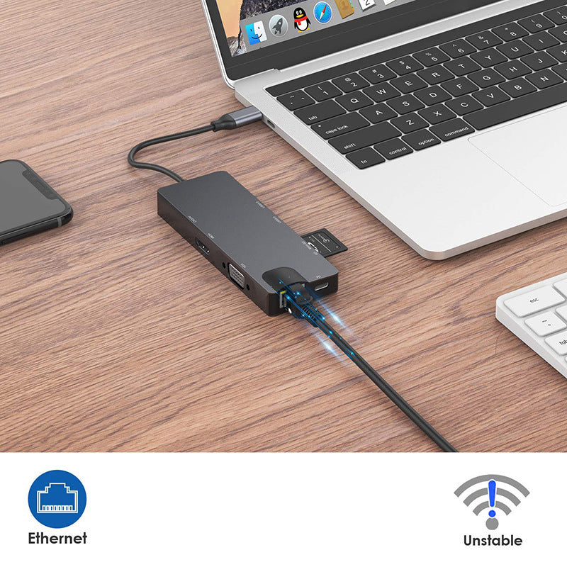Type-C 8-in-1 100Mbps Network Card Hub Splitter RJ45 HDMI VGA USB Ports SD Card Reader Docking Station Type-C 8-in-1 100Mbps Network Card Hub Splitter RJ45 HDMI VGA USB Ports SD Card Reader Docking Station